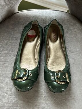 Dark Green Patent Ballet Flats with Gold Buckle